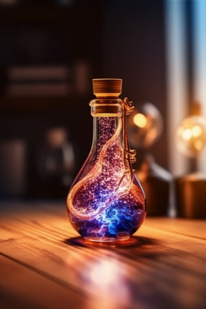 Magic potion in a bottle. Halloween concept. Selective focus.の素材