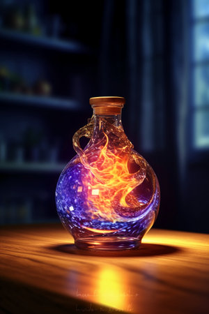 Flaming potion in a bottle on a wooden table in the darkの素材