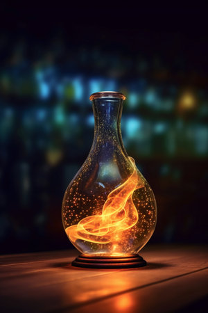 Glass decanter with burning fire on dark background. Halloween conceptの素材