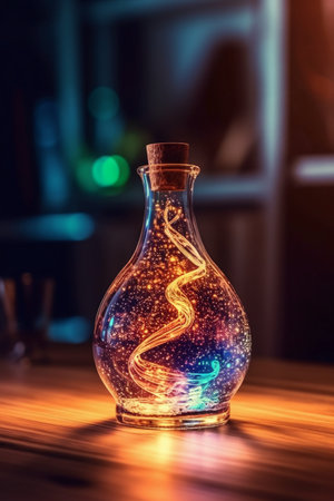 Colorful magic potion in bottle on dark background. Halloween concept.の素材