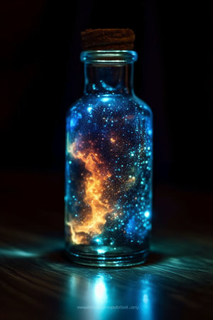 Astronomical galaxy in a glass bottle on a dark background.の素材