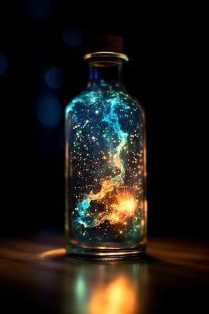 Sparkling magic potion in a bottle on a black background.の素材