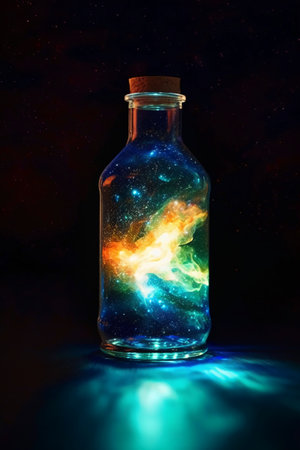 Magic potion in a glass bottle. Fire inside the bottle. Space background.の素材