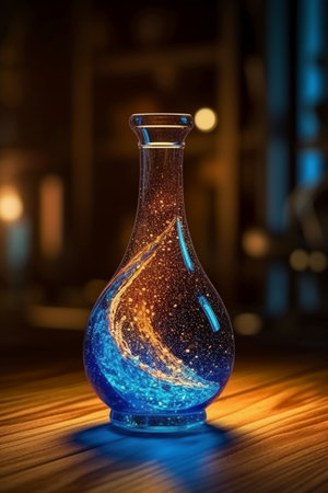 Blue glass vase on a wooden table against the background of a night cityの素材