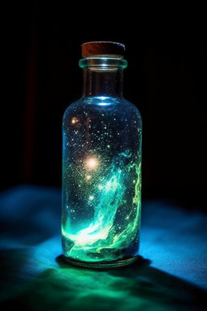 Magic potion in a bottle on dark background. Witchcraft concept. Selective focusの素材
