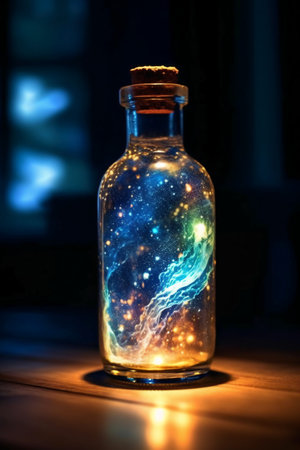 Magic potion in a bottle on a dark background. Halloween concept.の素材