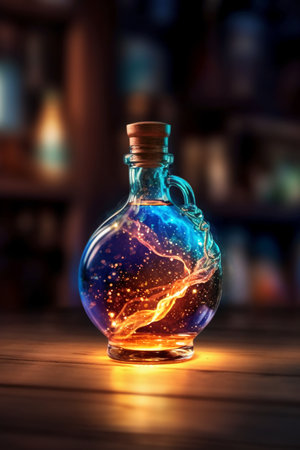Glass bottle with fire inside on a wooden table on a blurred backgroundの素材