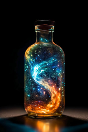 Magic potion in a bottle with glowing fire on a black background.の素材