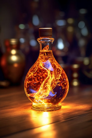 Burning fire in a glass bottle on a dark background. Selective focus.の素材