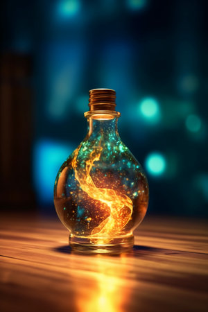 Magic potion in a bottle on a wooden table. Halloween concept.の素材