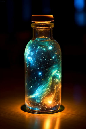 Magic potion in a bottle with the image of the Milky Way.の素材