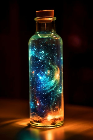 Magic potion in a bottle with the image of space and stars.の素材
