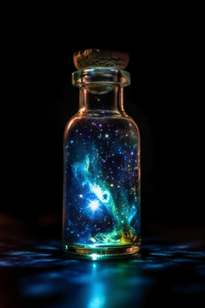 Magic potion in a bottle with fire and stars. Halloween concept. Selective focusの素材