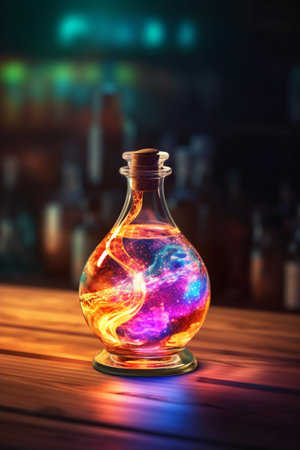 Colorful magic potion in bottle on wooden table. Halloween concept.の素材