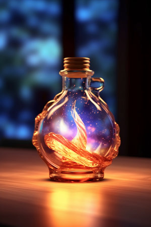 Burning candle in glass bottle on table on window background, closeupの素材