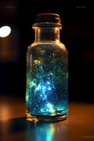 Magic potion in glass bottle on dark background. Witchcraft concept.の素材