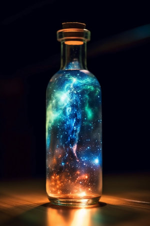 Magic potion in a glass bottle with space and stars. Halloween concept.の素材