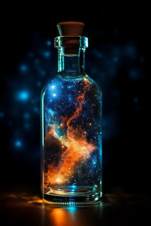 Beautiful magic potion in a bottle on dark background. Halloween concept.の素材