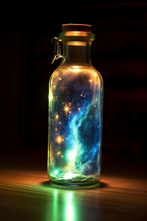 Magic potion in a glass bottle on a dark background with stars.の素材