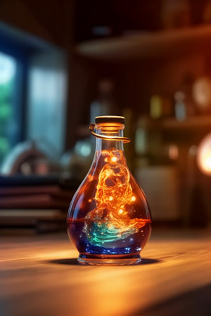 Colorful magic potion in glass bottle on wooden table, closeupの素材