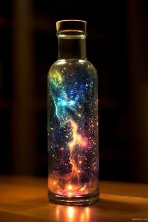 Astrology magic potion in a bottle with fire inside. Colorful space background.の素材
