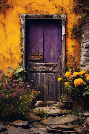 Old wooden door in the village. Colorful background with flowers.の素材