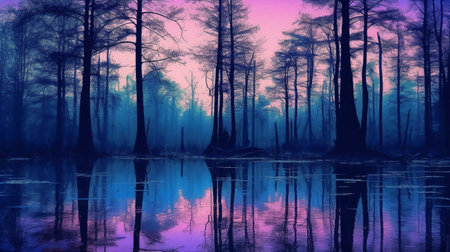 Foggy forest with reflection in the water. Digital painting.の素材