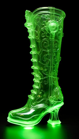 green rubber boots on a black background with green led lights. close-upの素材