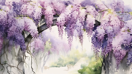 Watercolor painting of wisteria blooming in the garden.の素材