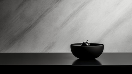 Black bowl with olive oil on black table and gray wall background.の素材
