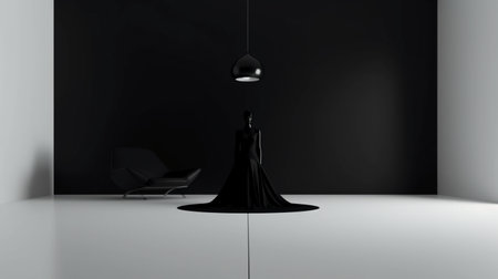 3d rendering of minimalistic interior with black chair and ceiling lampの素材
