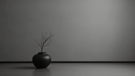 Black vase with dry branches on the floor. 3D renderingの素材