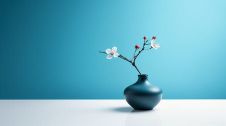 Flower in vase on white table and blue wall background.の素材