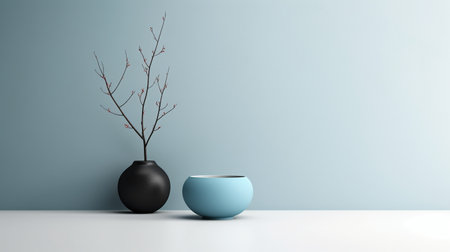 Blue vase with tree branch on white table and blue wall backgroundの素材