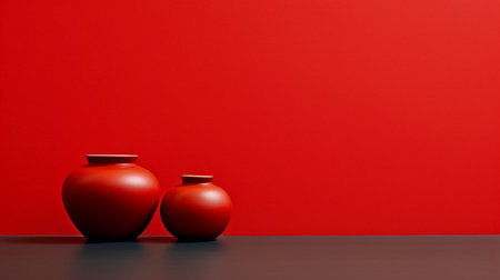 Two red vases on a black table against a red background.の素材