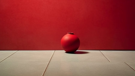 Red ceramic vase on the floor in front of a red wallの素材
