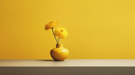 Yellow vase with gerbera flowers on the table. 3d renderingの素材