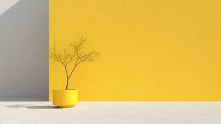 Minimalist interior design with a tree in a yellow pot. 3D renderingの素材