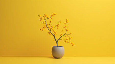 3d render of a vase with yellow flowers on a yellow backgroundの素材