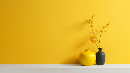 Yellow wall with vase and flower on the table. 3d renderingの素材