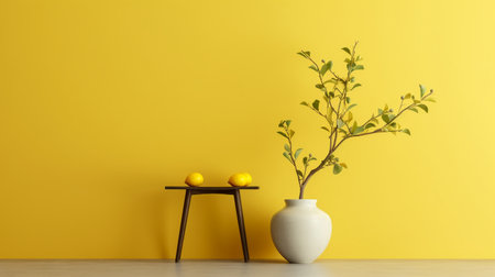 Lemon tree in vase on wooden table and yellow wall.の素材