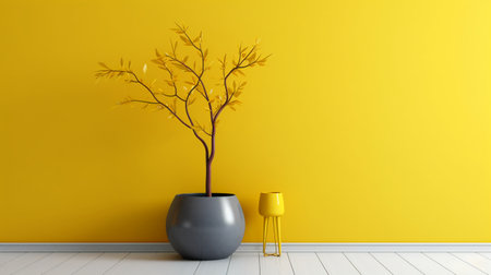 3d render of a modern living room with a vase and a yellow wallの素材