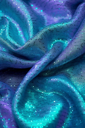 Background texture, pattern. Silk fabric is blue with sequins. If you have a bad mood, this fabric will lift it to unprecedented heights.の素材