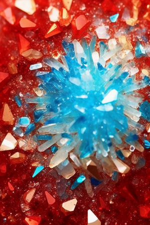 Colored crystals on a red background. 3d rendering 3d illustration.の素材