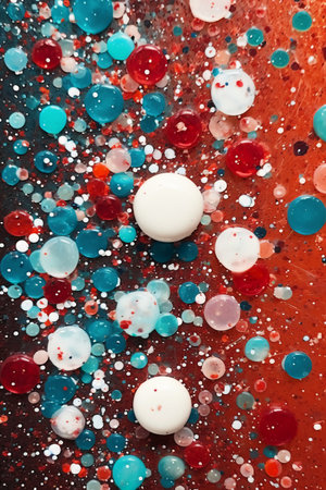 colorful confetti on a red background. close-up.の素材