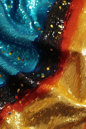 Texture, background, pattern. Silk fabric is transparent with brightly colored sequins. Suitable for your design.の素材