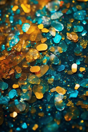 multicolored crystals of different sizes on a dark background close upの素材