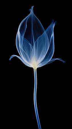 Digital illustration of a tulip in blue color isolated on black backgroundの素材