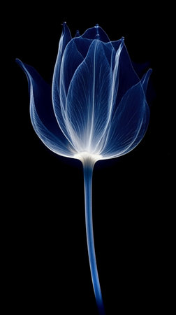 Blue tulip on black background. 3D rendering. Computer digital drawing.の素材