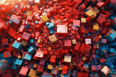 3d rendering of a lot of colorful cubes in a chaotic patternの素材